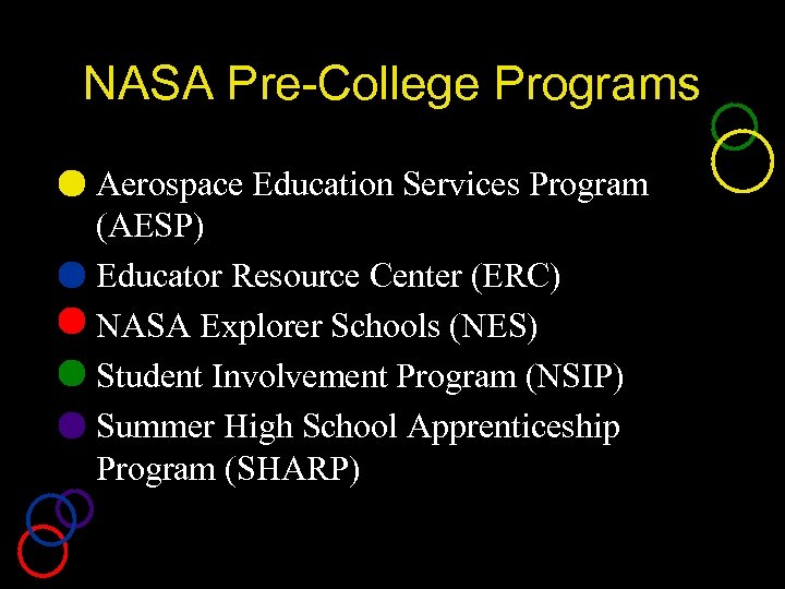 NASA Pre-College Programs • Aerospace Education Services Program (AESP) • Educator Resource Center (ERC)
