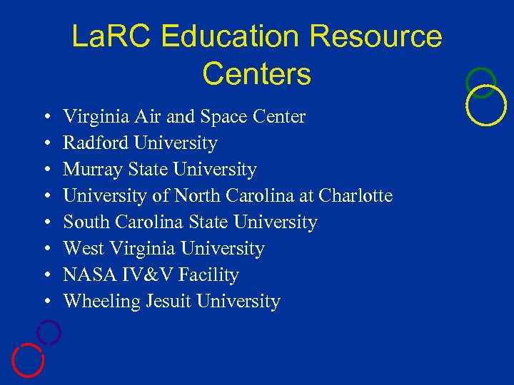 La. RC Education Resource Centers • • Virginia Air and Space Center Radford University