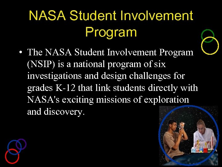 NASA Student Involvement Program • The NASA Student Involvement Program (NSIP) is a national