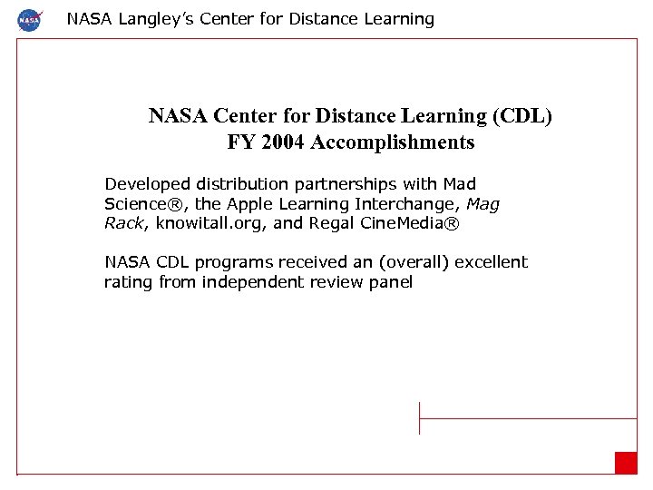 NASA Langley’s Center for Distance Learning NASA Center for Distance Learning (CDL) FY 2004