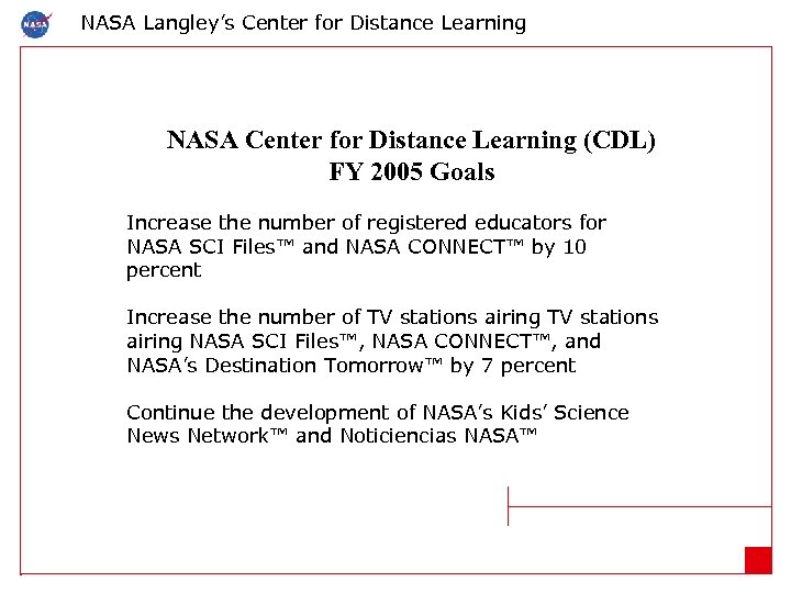 NASA Langley’s Center for Distance Learning NASA Center for Distance Learning (CDL) FY 2005