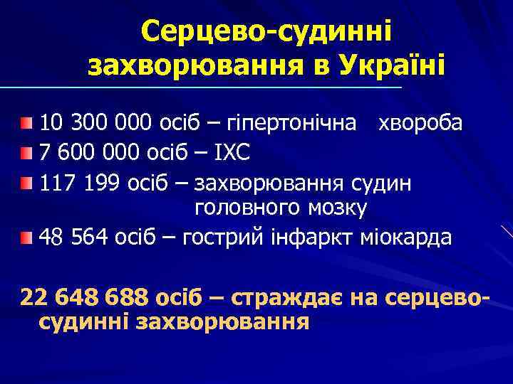 Серцево-судинні захворювання в Україні 10 300 000 осіб – гіпертонічна хвороба 7 600 000