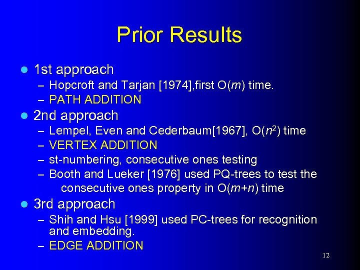 Prior Results l 1 st approach – Hopcroft and Tarjan [1974], first O(m) time.