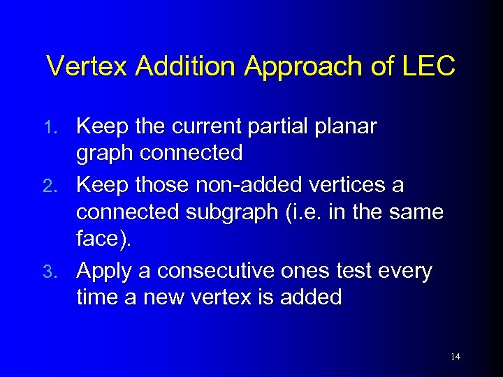 Vertex Addition Approach of LEC Keep the current partial planar graph connected 2. Keep