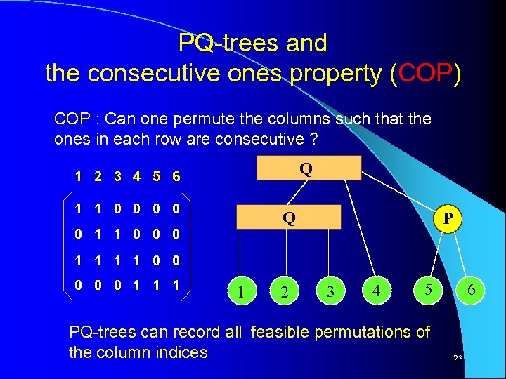 PQ-trees and the consecutive ones property (COP) COP : Can one permute the columns