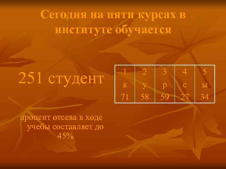 Сегодня на пяти курсах в институте обучается 251 студент процент отсева в ходе учебы