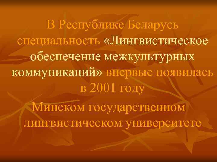 В Республике Беларусь специальность «Лингвистическое обеспечение межкультурных коммуникаций» впервые появилась в 2001 году Минском