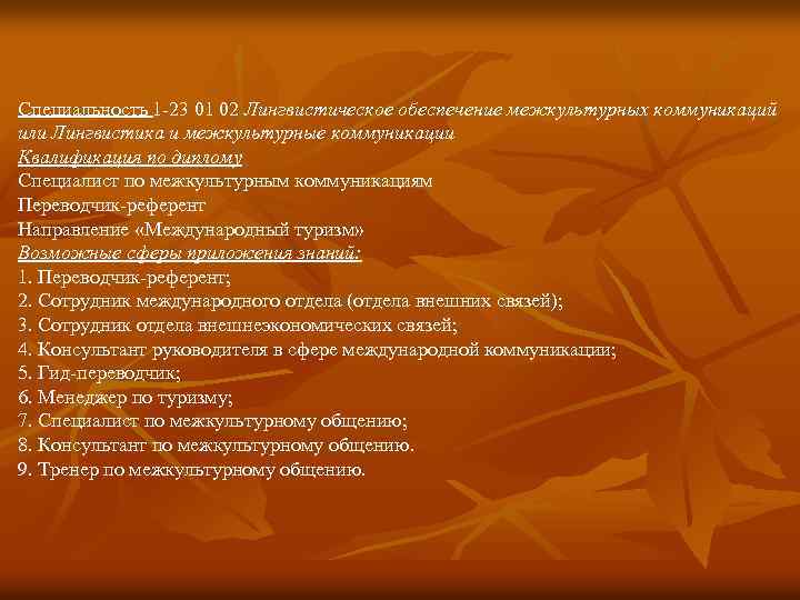 Специальность 1 -23 01 02 Лингвистическое обеспечение межкультурных коммуникаций или Лингвистика и межкультурные коммуникации