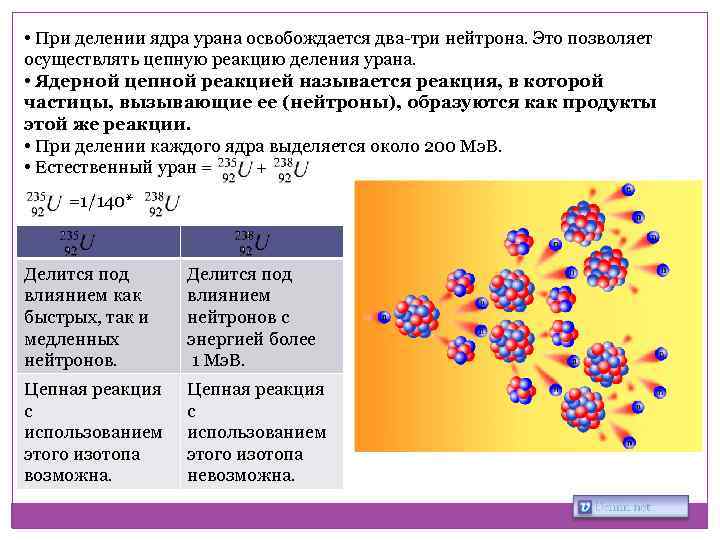  • При делении ядра урана освобождается два-три нейтрона. Это позволяет осуществлять цепную реакцию