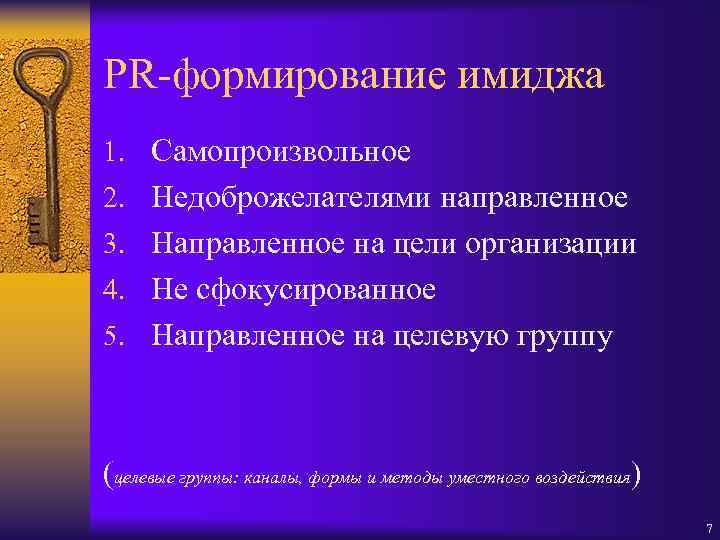 PR-формирование имиджа 1. Самопроизвольное 2. Недоброжелателями направленное 3. Направленное на цели организации 4. Не