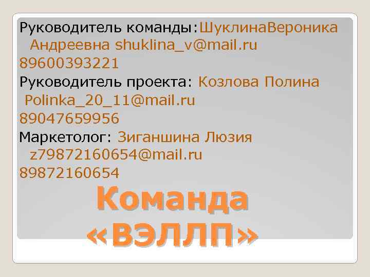 Руководитель команды: Шуклина. Вероника Андреевна shuklina_v@mail. ru 89600393221 Руководитель проекта: Козлова Полина Polinka_20_11@mail. ru