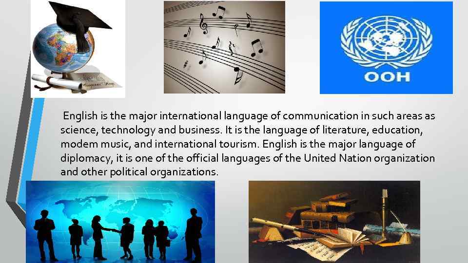  English is the major international language of communication in such areas as science,