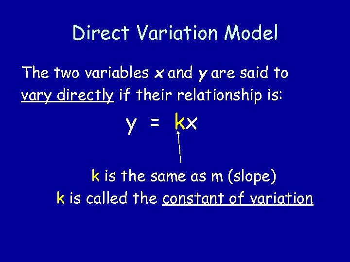 Direct Variation Model The two variables x and y are said to vary directly