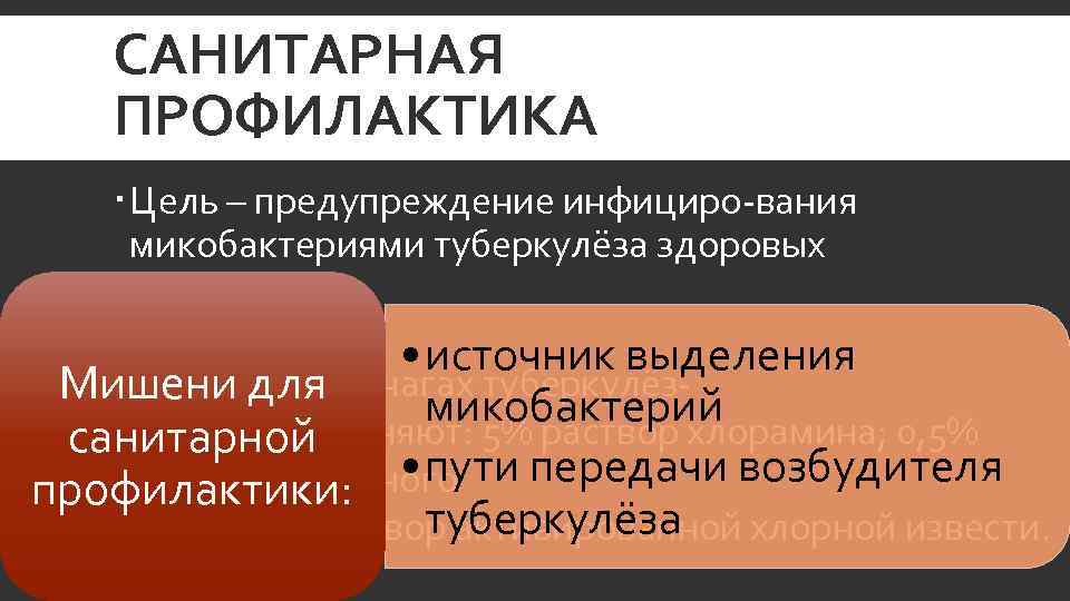 САНИТАРНАЯ ПРОФИЛАКТИКА Цель – предупреждение инфициро вания микобактериями туберкулёза здоровых людей. • источник выделения