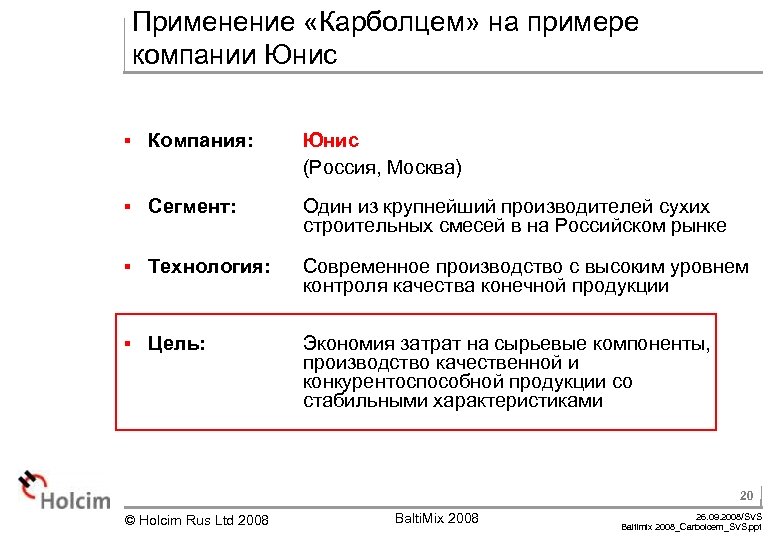 Применение «Карболцем» на примере компании Юнис § Компания: Юнис (Россия, Москва) § Сегмент: Один
