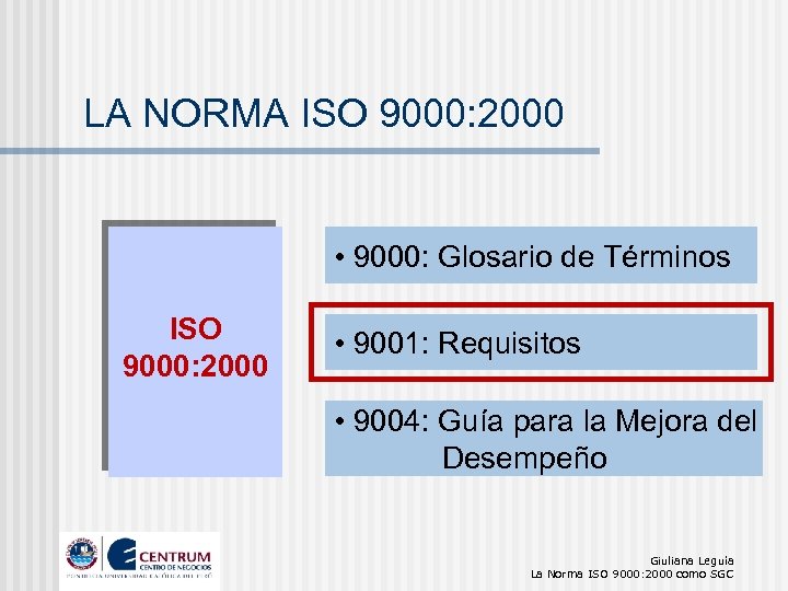 LA NORMA ISO 9000: 2000 • 9000: Glosario de Términos ISO 9000: 2000 •