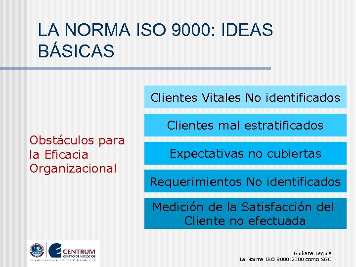 LA NORMA ISO 9000: IDEAS BÁSICAS Clientes Vitales No identificados Clientes mal estratificados Obstáculos