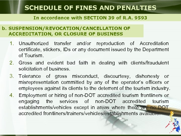 SCHEDULE OF FINES AND PENALTIES In accordance with SECTION 39 of R. A. 9593