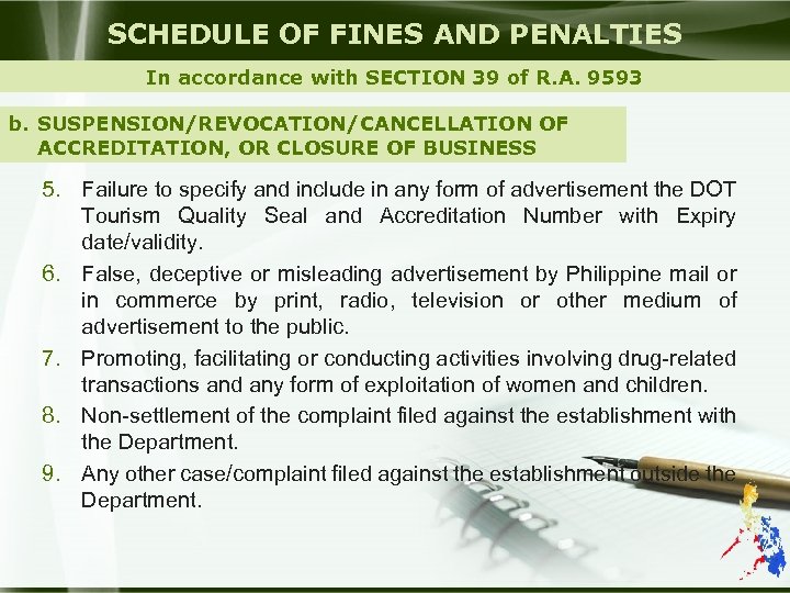 SCHEDULE OF FINES AND PENALTIES In accordance with SECTION 39 of R. A. 9593