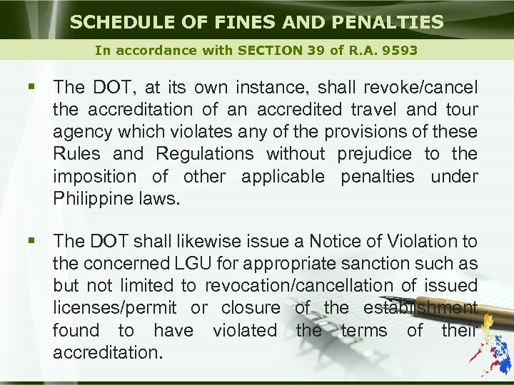 SCHEDULE OF FINES AND PENALTIES In accordance with SECTION 39 of R. A. 9593