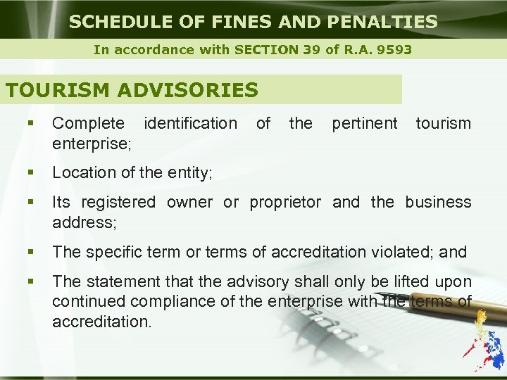 SCHEDULE OF FINES AND PENALTIES In accordance with SECTION 39 of R. A. 9593