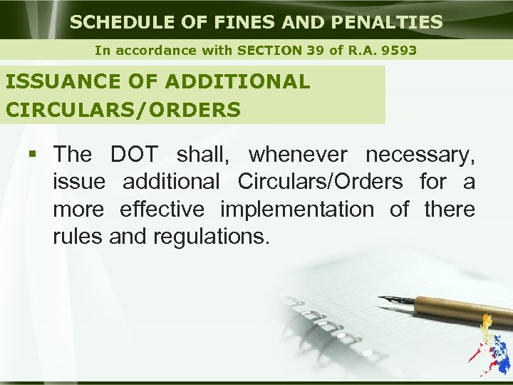 SCHEDULE OF FINES AND PENALTIES In accordance with SECTION 39 of R. A. 9593