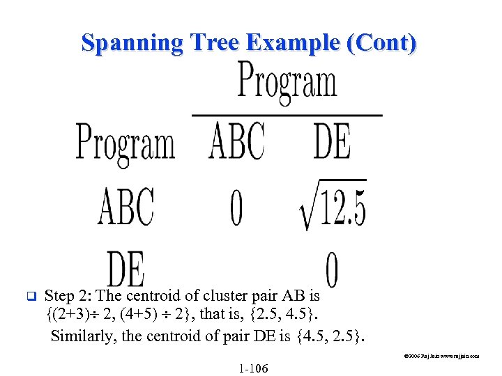 Spanning Tree Example (Cont) q Step 2: The centroid of cluster pair AB is