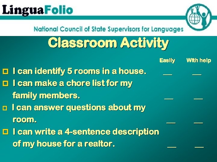 Classroom Activity Easily p I can identify 5 rooms in a house. With help