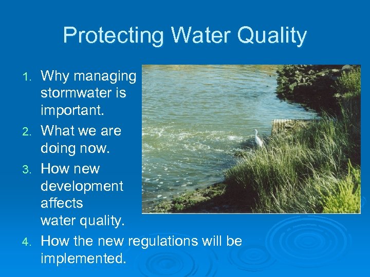 Protecting Water Quality 1. 2. 3. 4. Why managing stormwater is important. What we