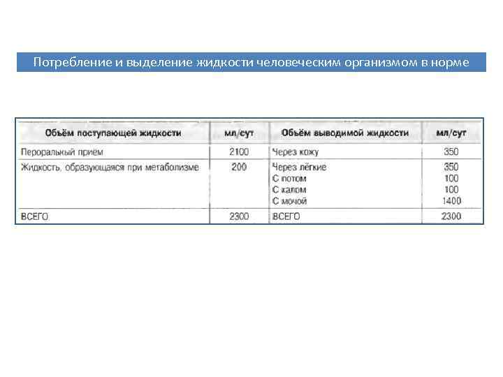 Потребление и выделение жидкости человеческим организмом в норме 