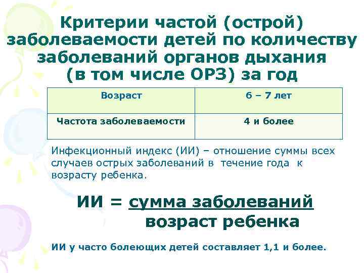 Критерии частой (острой) заболеваемости детей по количеству заболеваний органов дыхания (в том числе ОРЗ)