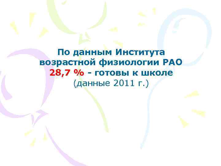 По данным Института возрастной физиологии РАО 28, 7 % - готовы к школе (данные