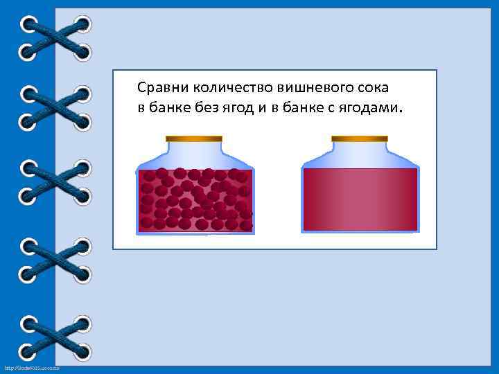 Сравни количество вишневого сока в банке без ягод и в банке с ягодами. http: