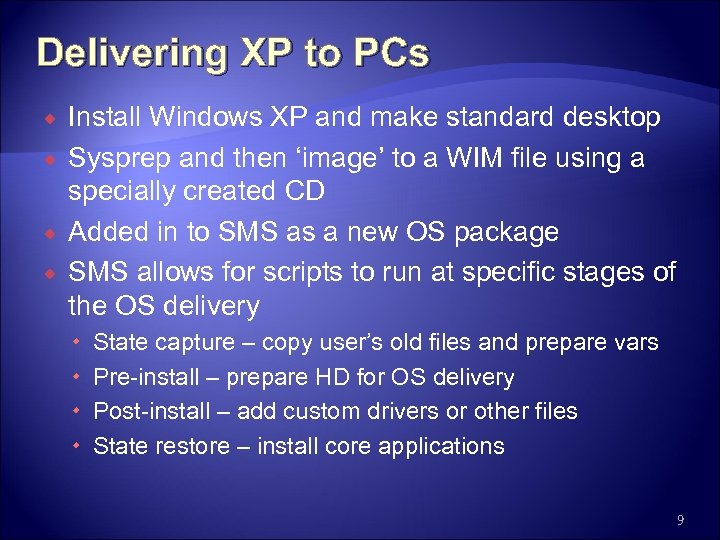 Delivering XP to PCs Install Windows XP and make standard desktop Sysprep and then