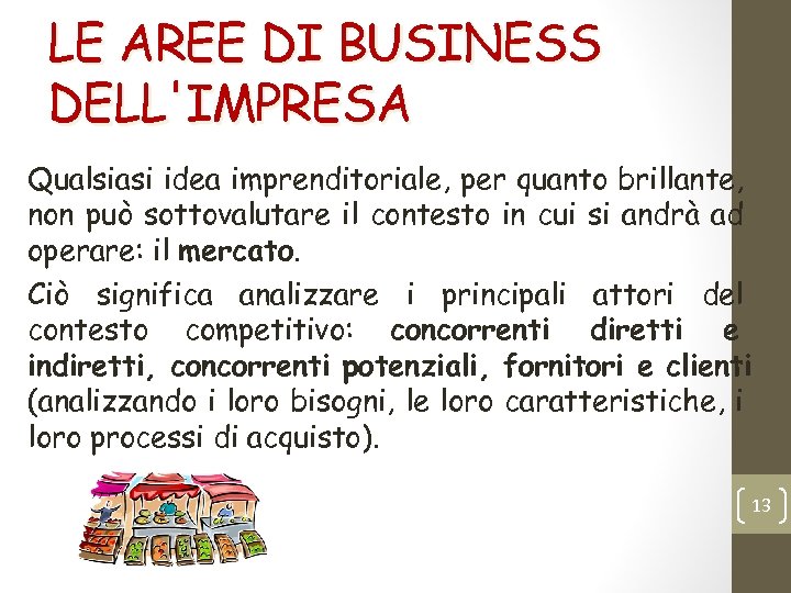 LE AREE DI BUSINESS DELL'IMPRESA Qualsiasi idea imprenditoriale, per quanto brillante, non può sottovalutare