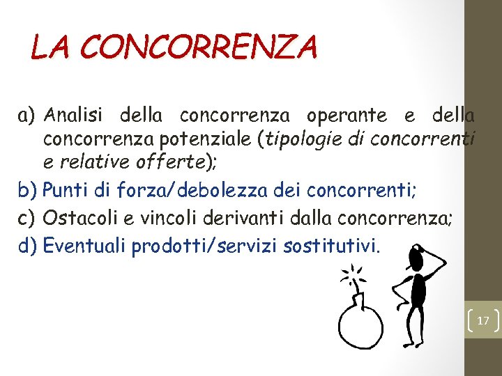LA CONCORRENZA a) Analisi della concorrenza operante e della concorrenza potenziale (tipologie di concorrenti