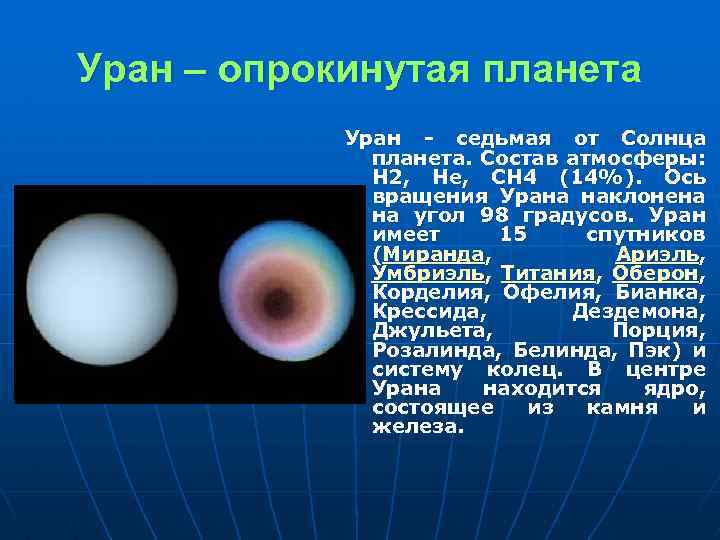 Уран – опрокинутая планета Уран - седьмая от Солнца планета. Состав атмосферы: H 2,