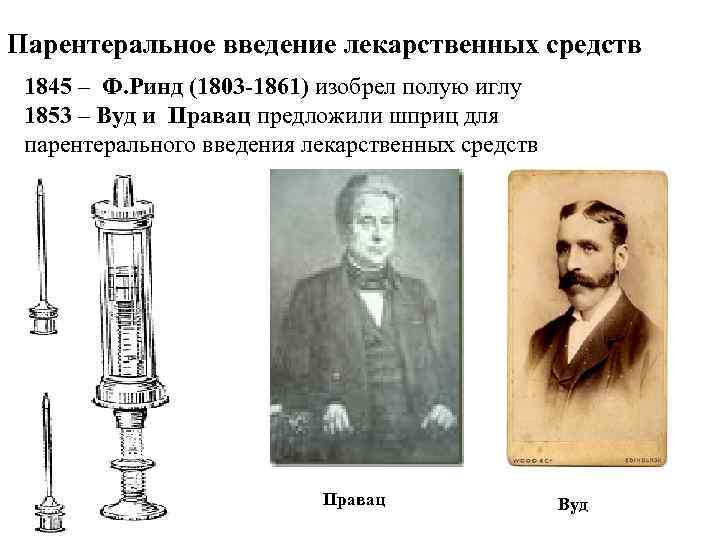 Парентеральное введение лекарственных средств 1845 – Ф. Ринд (1803 -1861) изобрел полую иглу 1853