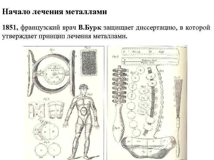 Начало лечения металлами 1851, французский врач В. Бурк защищает диссертацию, в которой утверждает принцип