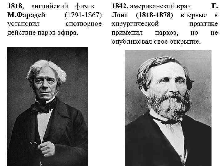 1818, английский физик М. Фарадей (1791 -1867) установил снотворное действие паров эфира. 1842, американский