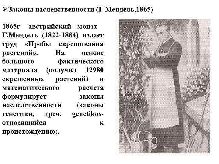 ØЗаконы наследственности (Г. Мендель, 1865) 1865 г. австрийский монах Г. Мендель (1822 -1884) издает