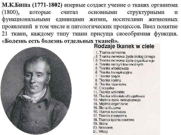 М. К. Биша (1771 -1802) впервые создает учение о тканях организма (1800), которые считал