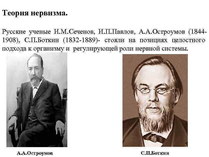 Теория нервизма. Русские ученые И. М. Сеченов, И. П. Павлов, А. А. Остроумов (18441908),