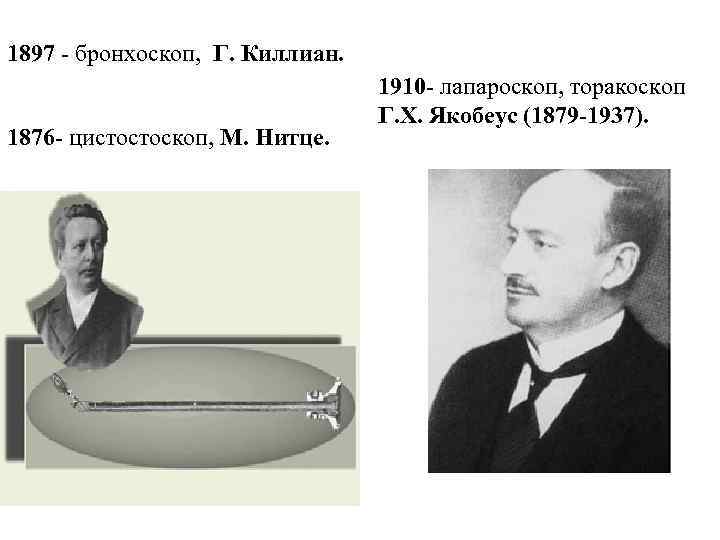 1897 - бронхоскоп, Г. Киллиан. 1876 - цистостоскоп, М. Нитце. 1910 - лапароскоп, торакоскоп