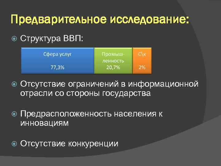 Предварительное исследование: Структура ВВП: Отсутствие ограничений в информационной отрасли со стороны государства Предрасположенность населения