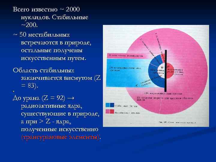 Всего известно ~ 2000 нуклидов. Стабильные ~200. ~ 50 нестабильных встречаются в природе, остальные