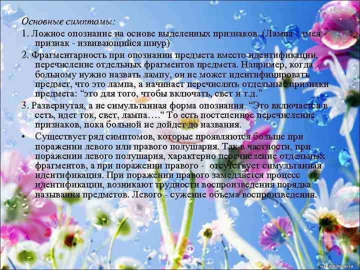 Основные симптомы: 1. Ложное опознание на основе выделенных признаков. (Лампа - змея признак -