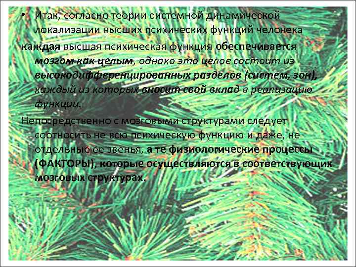  • Итак, согласно теории системной динамической локализации высших психических функций человека каждая высшая