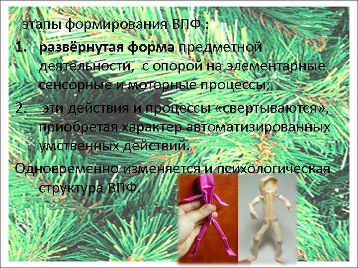  этапы формирования ВПФ : 1. развёрнутая форма предметной деятельности, с опорой на элементарные