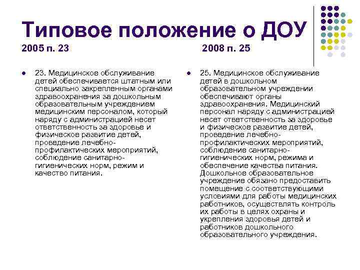 Типовое положение о ДОУ 2005 п. 23 l 23. Медицинское обслуживание детей обеспечивается штатным